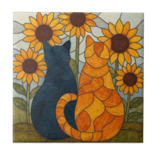 Buntglas-Katzen und Sonnenblumen-Kunstdesign Fliese