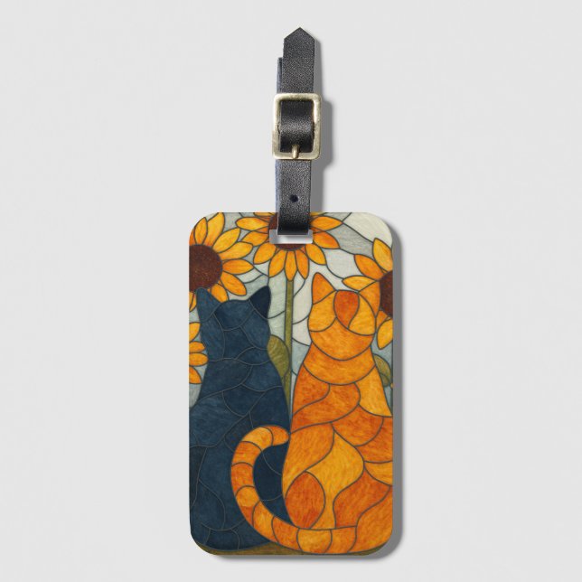 Buntglas-Katzen und Sonnenblumen-Kunstdesign Gepäckanhänger (Vorderseite Vertikal)