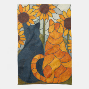 Buntglas-Katzen und Sonnenblumen-Kunstdesign Geschirrtuch