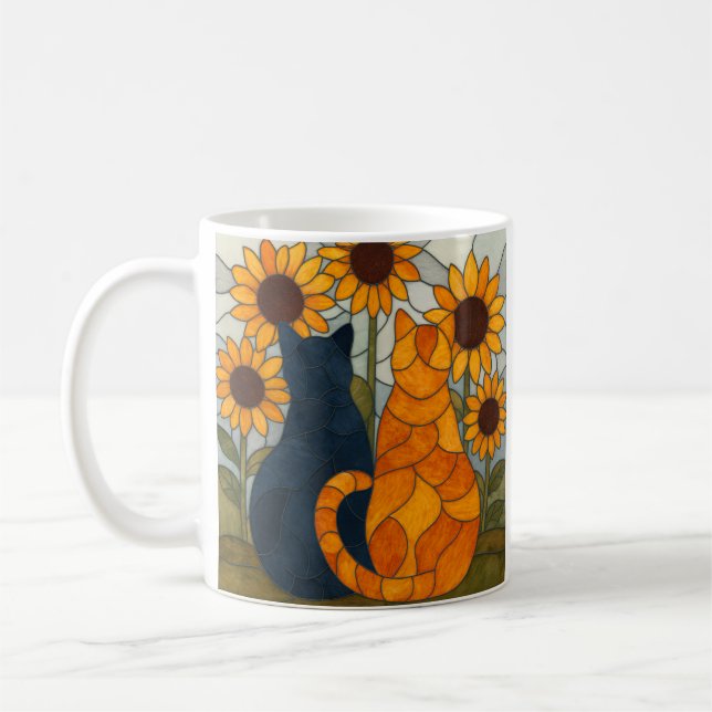 Buntglas-Katzen und Sonnenblumen-Kunstdesign Kaffeetasse (Links)