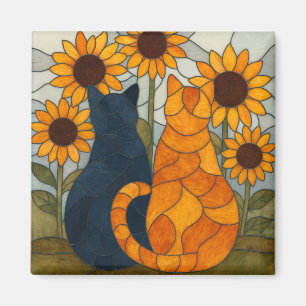 Buntglas-Katzen und Sonnenblumen-Kunstdesign Magnet