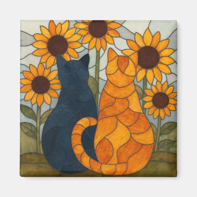 Buntglas-Katzen und Sonnenblumen-Kunstdesign Magnet (Vorne)