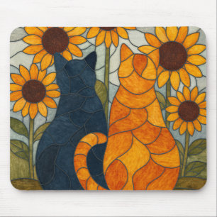 Buntglas-Katzen und Sonnenblumen-Kunstdesign Mousepad
