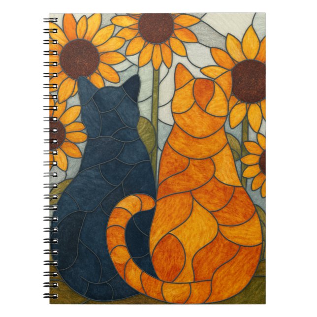 Buntglas-Katzen und Sonnenblumen-Kunstdesign Notizblock (Vorderseite)