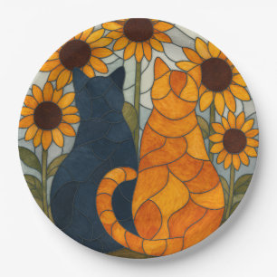 Buntglas-Katzen und Sonnenblumen-Kunstdesign Pappteller