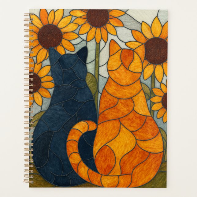 Buntglas-Katzen und Sonnenblumen-Kunstdesign Planer (Vorderseite)