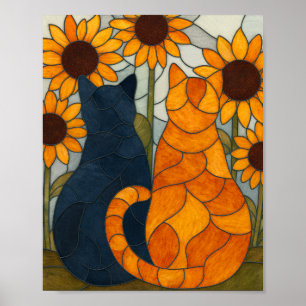 Buntglas-Katzen und Sonnenblumen-Kunstdesign Poster