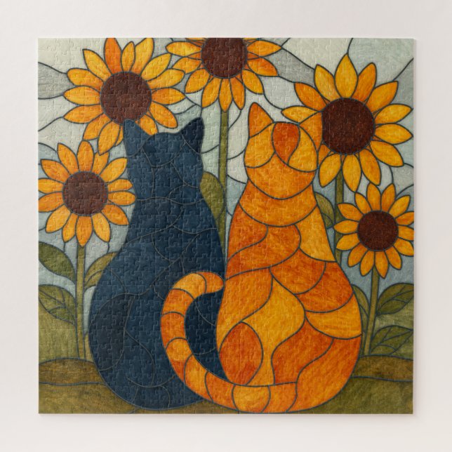 Buntglas-Katzen und Sonnenblumen-Kunstdesign Puzzle (Vertikal)