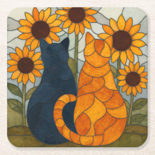 Buntglas-Katzen und Sonnenblumen-Kunstdesign Rechteckiger Pappuntersetzer
