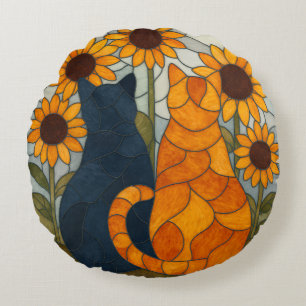 Buntglas-Katzen und Sonnenblumen-Kunstdesign Rundes Kissen