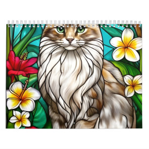 Buntglas-Katzenporträt Elegante Langhaarkatze Kalender