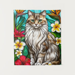 Buntglas-Katzenporträt Elegante Langhaarkatze Wandteppich