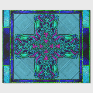 Buntglas-Keltisches Kreuz in Blau und Aqua Geschenkpapier