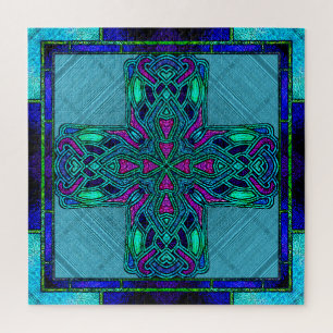 Buntglas-Keltisches Kreuz in Blau und Aqua Puzzle