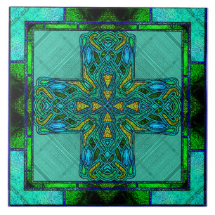 Buntglas-Keltisches Kreuz in Gold und Grün Fliese