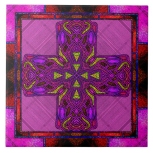 Buntglas-Keltisches Kreuz in Rosa und Lila Fliese