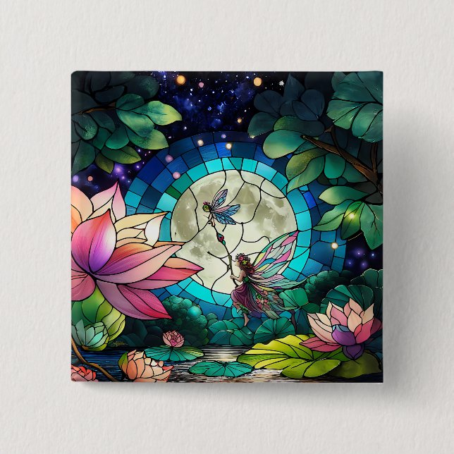 Buntglas Kleine Fee mit Libelle Button (Vorderseite)