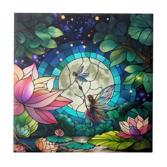Buntglas Kleine Fee mit Libelle Fliese (Vorderseite)
