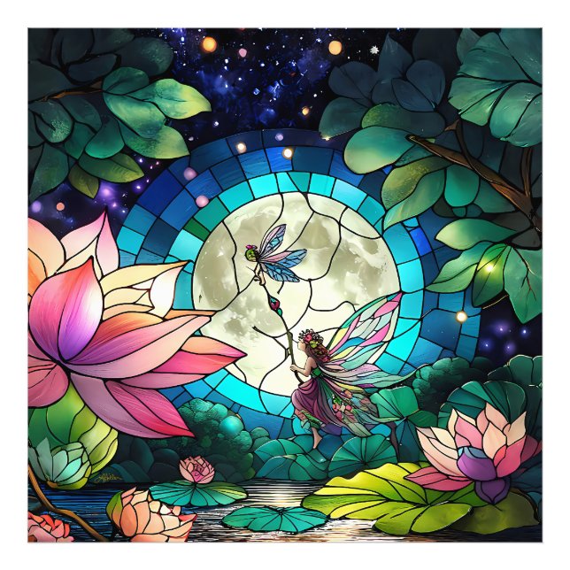 Buntglas Kleine Fee mit Libelle Fotodruck (Vorne)