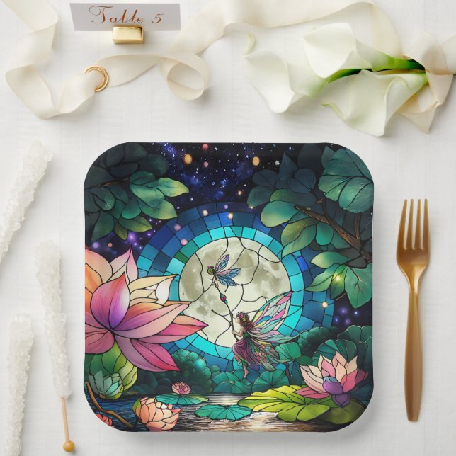 Buntglas Kleine Fee mit Libelle Pappteller (Hochzeit)
