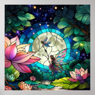Buntglas Kleine Fee mit Libelle Poster