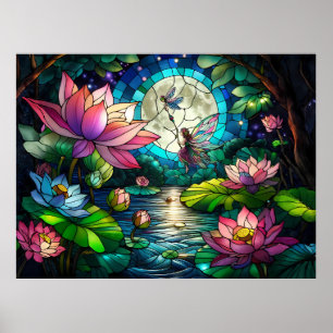 Buntglas Kleine Fee mit Libelle Poster