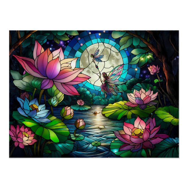 Buntglas-Kleine Fee mit Libelle Poster (Vorderseite)