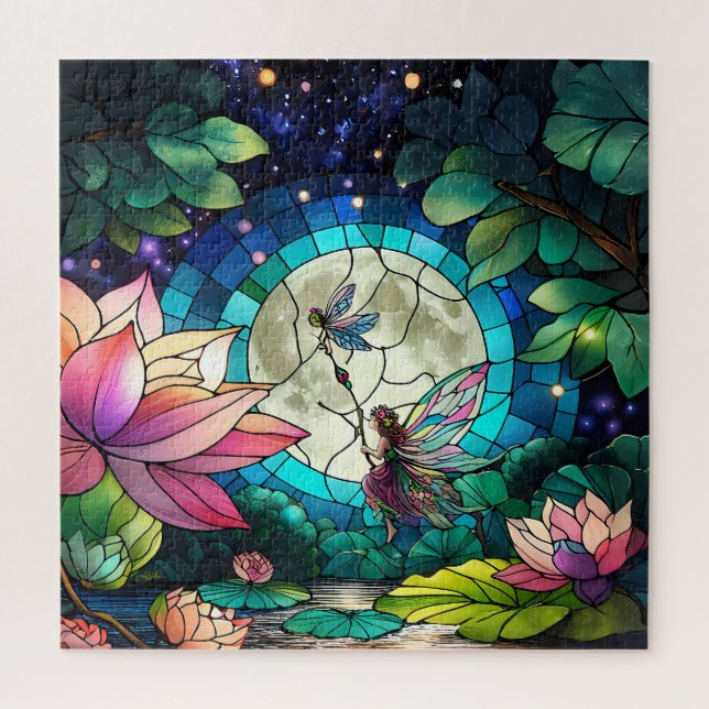 Buntglas Kleine Fee mit Libelle Puzzle (Vertikal)