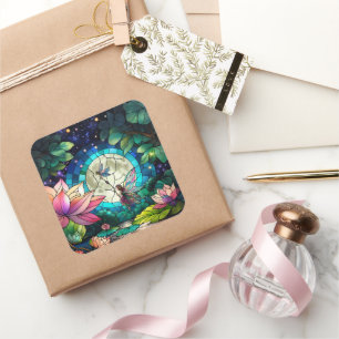 Buntglas-Kleine Fee mit Libelle Quadratischer Aufkleber