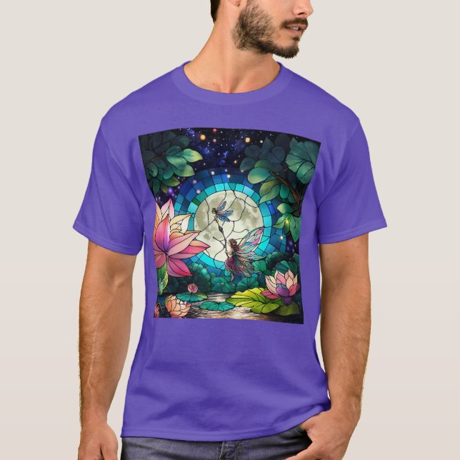 Buntglas Kleine Fee mit Libelle T-Shirt (Vorderseite)