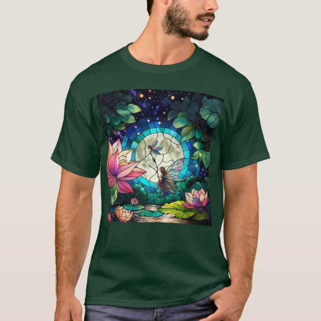 Buntglas Kleine Fee mit Libelle T-Shirt (Vorderseite)