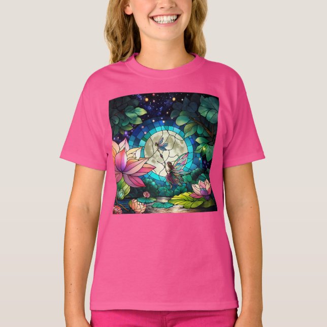 Buntglas Kleine Fee mit Libelle T-Shirt (Vorderseite)
