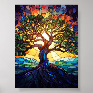 Buntglas-Lebensbaum-Sonnenaufgang-Naturkunst Poster