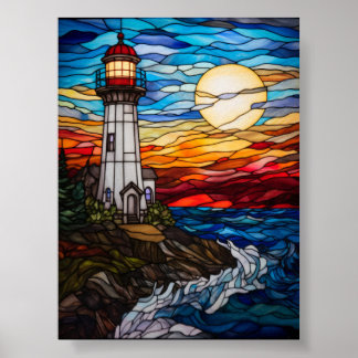 Buntglas-Leuchtturm bei Sonnenuntergang über Felse Poster