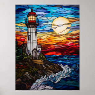 Buntglas-Leuchtturm bei Sonnenuntergang über Felse Poster