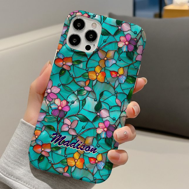 Buntglas lila türkisfarbenes florales Kunstmuster  Case-Mate iPhone Hülle (Von Creator hochgeladen)