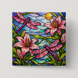 Buntglas-Lilien und Libellen Rosa Button