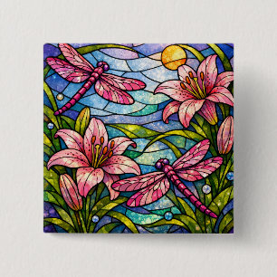 Buntglas-Lilien und Libellen Rosa Button