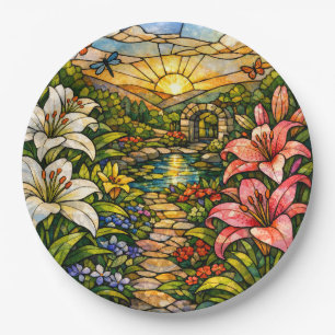 Buntglas-Lilien und Sonnenschein Pappteller