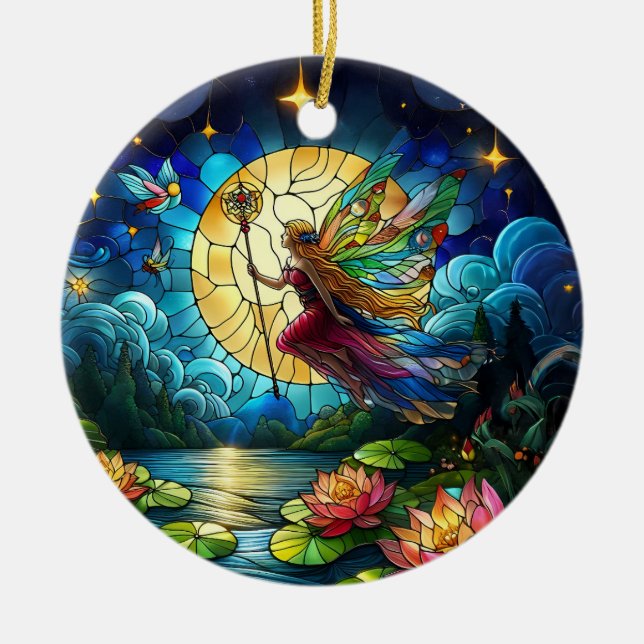 Buntglas Mondlicht Flug Fee  Keramik Ornament (Vorne)