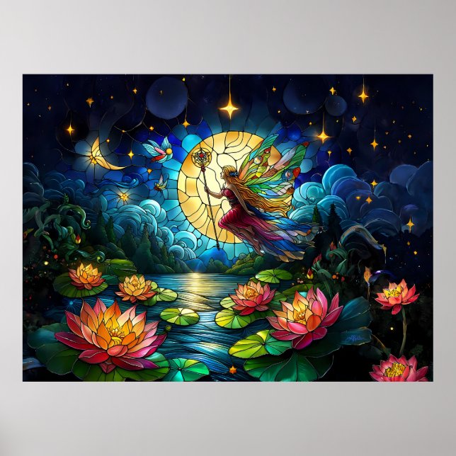 Buntglas Mondlicht Flug Fee  Poster (Vorne)