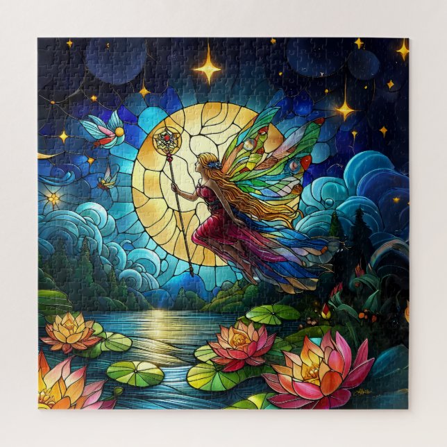 Buntglas Mondlicht Flug Fee  Puzzle (Vertikal)