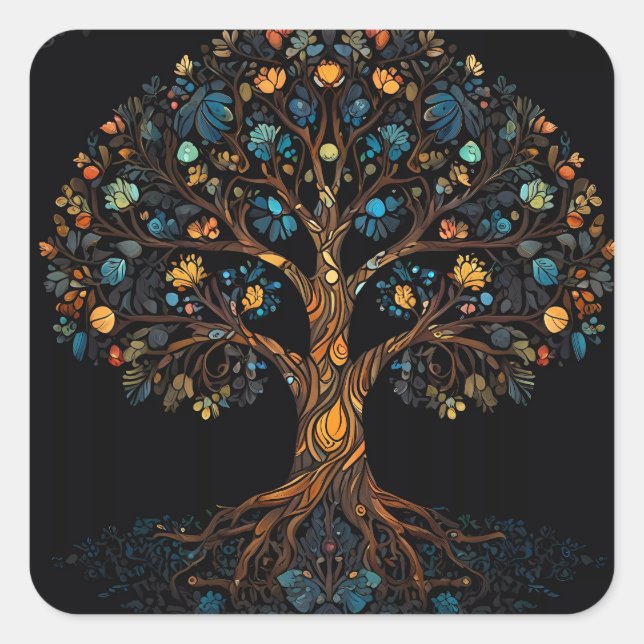 Buntglas-Mosaikbaum Quadratischer Aufkleber (Vorderseite)