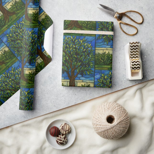 Buntglas-Olivenbaum-Geschenkpapier – Natur  Geschenkpapier (Kunsthandwerk)
