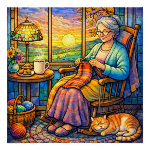 Buntglas Oma beim Stricken, Katze & Gemütliches Zu Poster