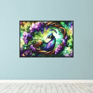 Buntglas-Pfau-Blumenkranz-Kunst Leinwanddruck