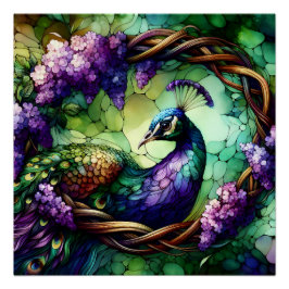 Buntglas-Pfau-Blumenkranz-Kunst Poster