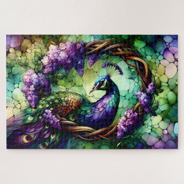 Buntglas-Pfau-Blumenkranz-Kunst Puzzle (Horizontal)