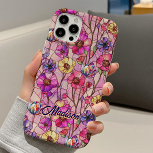 Buntglas rosa lila Blumen iPhone 16 Hülle