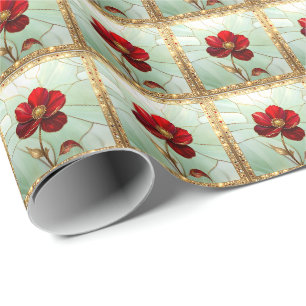 Buntglas-Rot-Blumen-Geschenkpapier Geschenkpapier